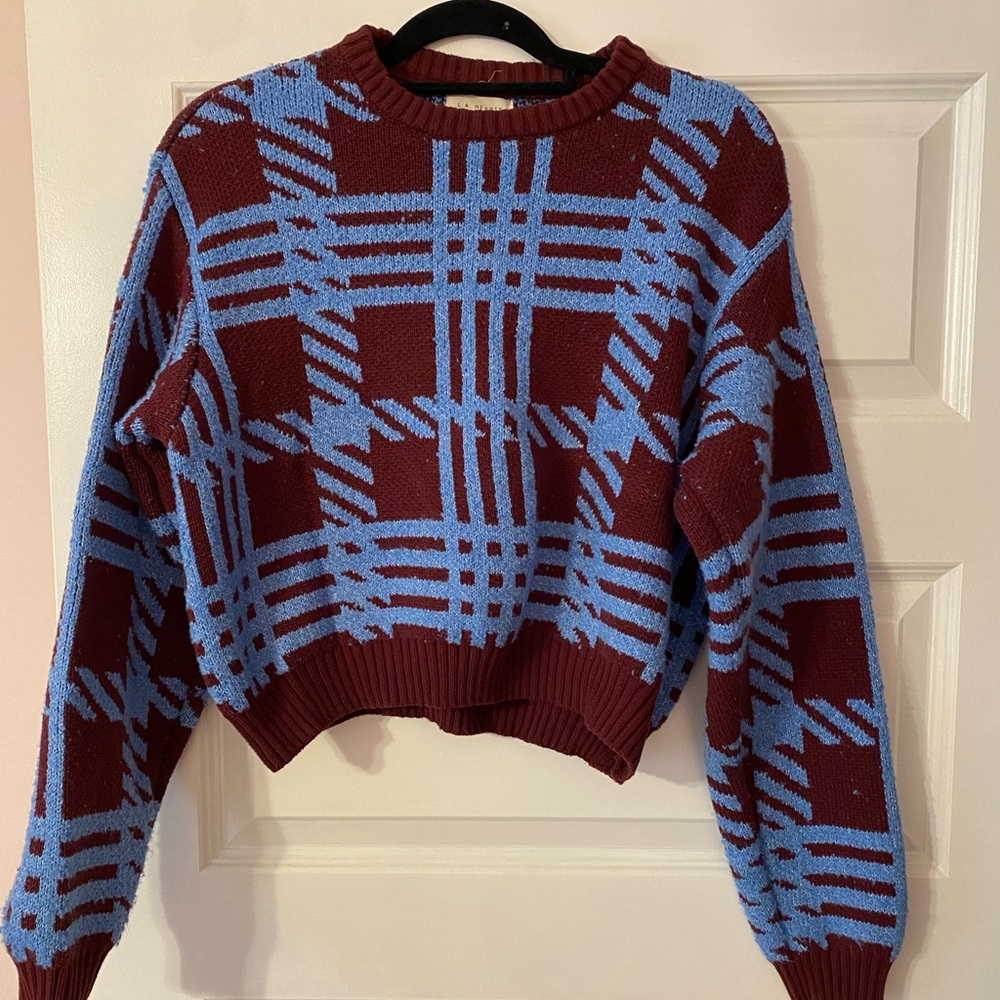 Pacsun LA Hearts Plaid Knit Sweater - Blue and Burgundy